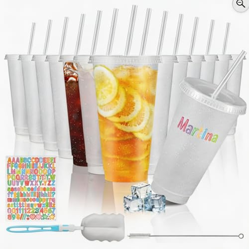 Braozaiw 12 Pack Reusable Plastic Cups with Lids & Straws, 710ml Glitter Tumbler for Coffee, Iced Beverages, Party & Travel, Includes Letter Stickers & Cleaning Brush, Clear Transparent Design