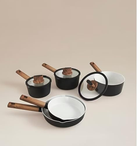 Black Simplicity 5 Piece Pan Set with Wooden Handles, Non-Stick Ceramic Coating, Includes Frying Pan and Saucepans with Lids