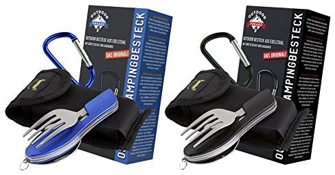 OUTDOOR FREAKZ Couverts de Camping en Acier Inoxydable avec Sac Pliable en néoprène (2pack: Bleu + Noir)