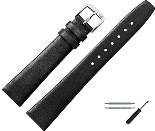 MARBURGER Uhrenarmband 8mm Leder Schwarz Silber Glatt - Montage Set 7100810000120