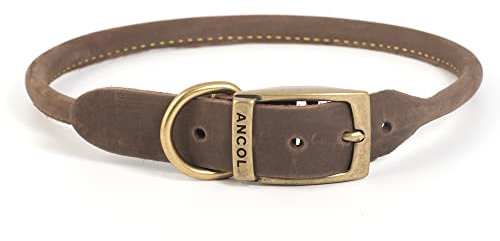 Ancol Timberwolf Bonded Thread Leather Round Dog Collar - Sable - Soft Leather Design with Antique Gold Buckle - Ideal for Long Haired Dogs - 55-63cm Size 8