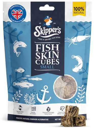 SKIPPER'S Whitefish Skin Jerky Cubes Small 250g Grain Free Dog Treats | 100% whitefish fish skin, gently air-dried, high protein, low fat, natural ingredients, supports dental health