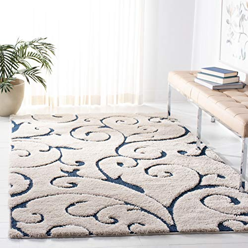 SAFAVIEH Florida Shag Collection Area Rug - 5'3 x 7'6, Cream & Blue, Scroll Design, Non-Shedding & Easy to Clean, High-Low Plush Pile, Ideal for Living Room, Bedroom, Dining Space (SG455-1165)