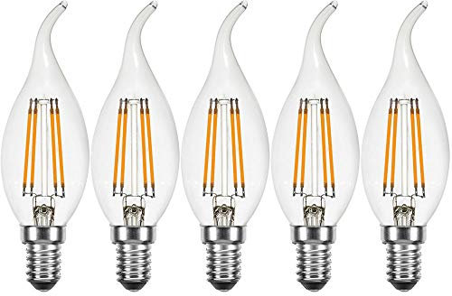 NCC-Licht 5 x LED Filament Windstoß Kerze 4W = 40W E14 klar Glühlampe Glühbirne extra warmweiß 2200K