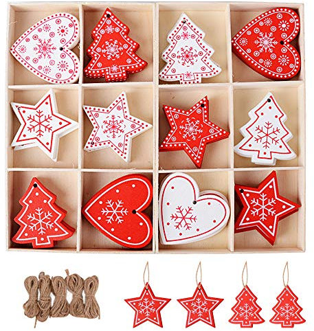SERWOO Set mit 48 Weihnachtsverzierungen aus Holz mit Loch Weihnachtsbaum + 2 Aufbewahrungsboxen + 5 Stück Schnüre Ornament Zubehör Weihnachten Dekoration Weihnachtsbaum (12 Modelle)