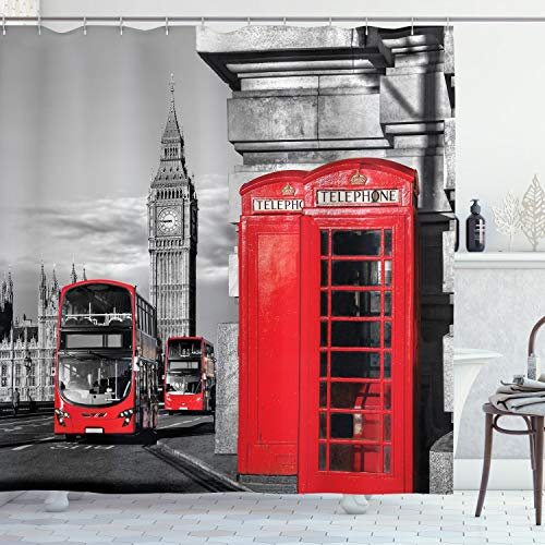 ABAKUHAUS Europa Duschvorhang, London Retro Telefonzelle, Stoffliches Gewebe Badezimmerdekorationsset mit Haken, 175 x 240 cm, Grau Rot