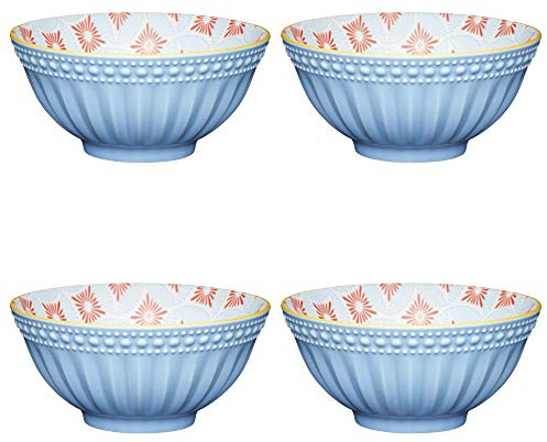KitchenCraft Ceramic Bowl Set with Embossed/Diamond Medallion Pattern, Stoneware, Blue/Red,15.5 cm, Set of 4 Bowls