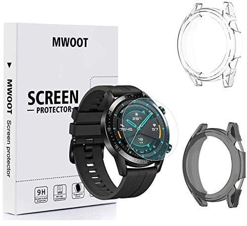 MWOOT Compatible con Huawei Watch GT2 46MM Protectores de Cristal Templado [4 Unidades] y Funda Silicona [2 Unidades], 9H Dureza Resistente a Arañazo Protector de Pantalla para Proteccion de Pantalla