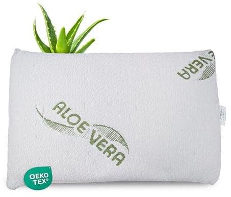 MaxxGoods orthopädisches flaches Kopfkissen aus Visco Gelschaum + inkl. Baumwollbezug + Aloe Vera Schutzbezug - Nackenstützkissen für HWS Unterstützung - Kopfkissen für Babys & Kindern (50x30x5cm)