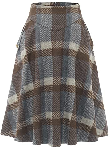 Rock Damen Lang Vintage Elegant Plaid Winterrock Warm Elastische Taille A Linie Röcke Casual Rock Hohe Taille Midi Rock Brown Grey Plaid S