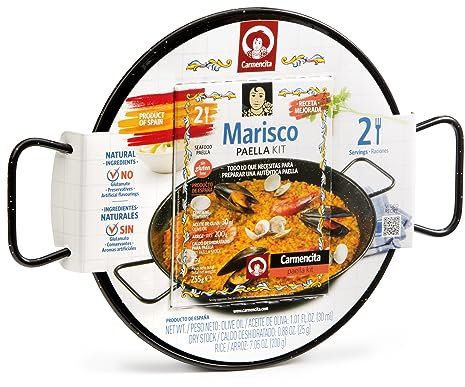Carmencita - Paella Kit Marisco, Paellera 26 cm | Preparado para paella | Incluye Paellera e ingredientes paella SIN GLUTEN | Paellera apta para inducción, vitrocerámica, eléctrica y gas | 2 Raciones