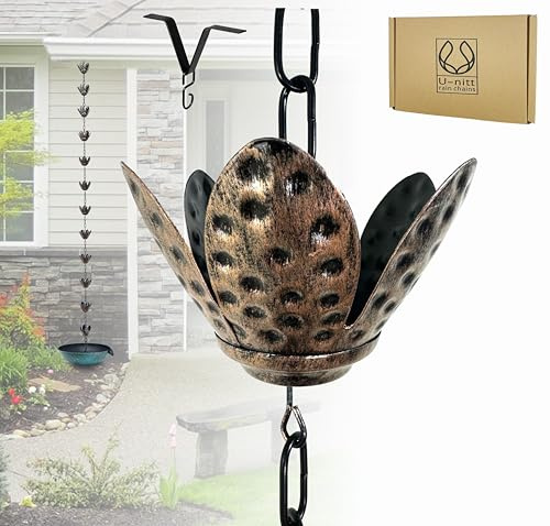 U-nitt Cadenas de lluvia, canalón de techo, canal de boquilla, atrapador de agua de lluvia, 2,6 m de longitud, metal, cobre puro, regalos inspirados en la naturaleza, estilo paraguas loto/lirio de