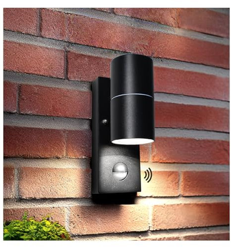 Unikcst Outdoor Wall Lights Mains Powered PIR Motion Sensor IP44 Black Outside Wall Lights for Patio Front Door Porch - Incl. 1X 5W GU10 LED Cool White Bulb