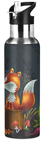 Bouteille d'eau avec couvercle à paille isotherme en acier inoxydable pour garçons et filles - Motif fleurs de renard - 600 ml