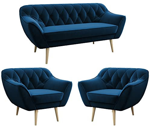 MKS MEBLE Sofa Blau - Moderne Sofa Set 3+1+1 - Skandinavische Deko Polstersofa - Pirs Zwei Sessles und Loungesofa - Fünf Personen Dunkelblau