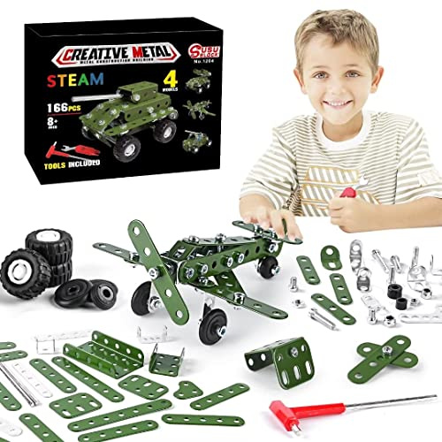 Ferthor Fun Metal Building Military Series Assembly Toys,Small Construction Set for Kids Ages 4-8, Military Toys for Boys Age 8-12,STEM Toy Gifts for Model Army Kit(166pcs No Motor)