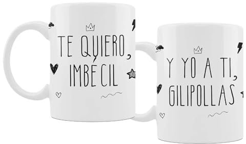 Tazas a duo Te quiero Imbecil y yo a ti Gilipollas/ Taza desayuno con frase original y divertida para compartir con tu pareja, amiga o familiar