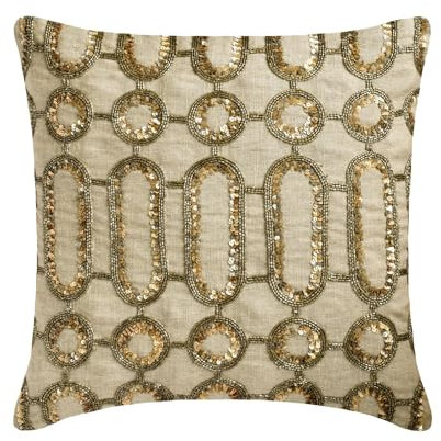 The HomeCentric Dekorativ Beige & Gold Kissen Überzüge, 40 x 40 cm Leinen Kissen Perlen & Pailletten, Kissenhülle mit, Geometrisch Kissen, Modern Kissen Überzüge - Golden Curl