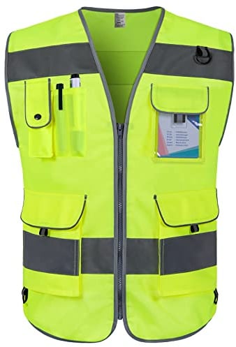 Graunton High Visibility Vest 9 Pockets with Reflective Strips Yellow S | ANSI 107-2020 Hi Vis Vest, 100% Breathable Polyester, 360° Reflective, D-Rings & Hidden Zip Pocket, For Construction Work
