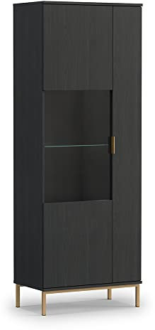 Lomadox Vitrinenschrank in Esche schwarz Nb. mit 1 Softclose-Glastür, Glasboden, 1 Push-to-Open Tür, im Industrial Design mit Metall Fußgestell in Gold, B/H/T ca. 70/190/41 cm