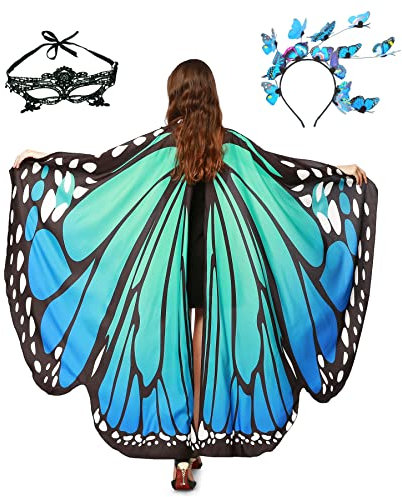 Sunlisky Schmetterling Damen Flügel Schmetterlingsflügel Erwachsene Mädchen Faschingskostüme Damen Umhang Verkleidung Schmetterlings Zubehör 3 Set mit Schmetterling Haarreif Gesichtsmaske