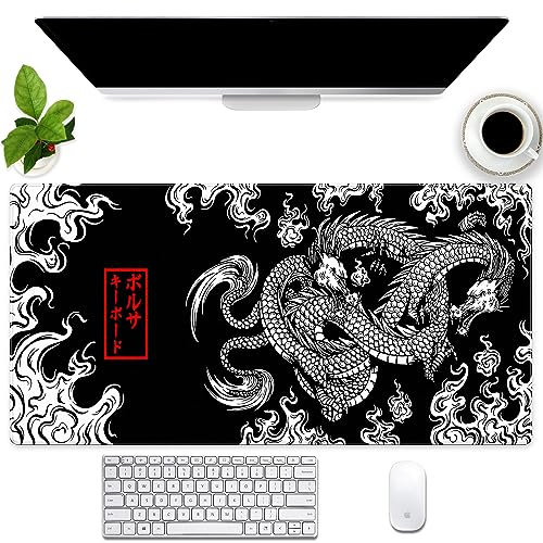 Cool Dragon Mouse pad Black and White Desk Pad Mat Extended XXL Large Gaming Mousepad Keyboard and Mouse pad 31.5''X15.7'' Designed with 3mm Thick Non-Slip Rubber Base and Durable Stitched Edges