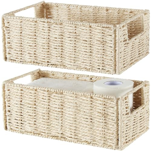 Vagusicc Lot de 2 petits paniers de rangement en osier tissé pour organiser avec poignées - Paniers de rangement pliables pour papier toilette pour réservoir de toilettes, salle de bain, beige