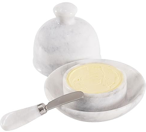 Radicaln Marble Butter Dish with Lid White 6x5.5 Inch Handmade Butter Storage Container for Easy Spreadable Butter - Ideal Butter Keeper for Kitchen Countertop & Kitchen Counter Shelf