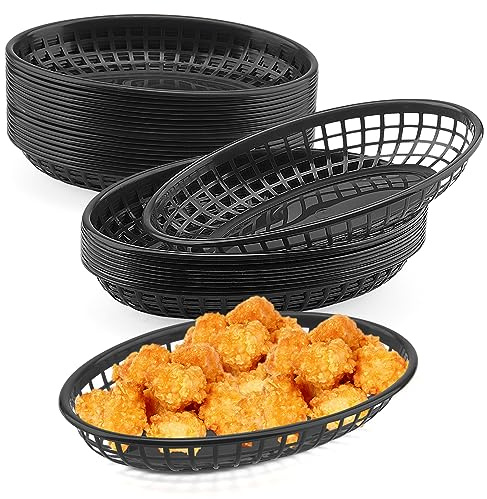 MUKCHAP 40 cestas de plástico para comida rápida, 23 x 14,5 x 4 cm, color negro, para patatas fritas, cestas de alimentos, cestas de plástico ovaladas para patatas fritas, sándwiches, castillos