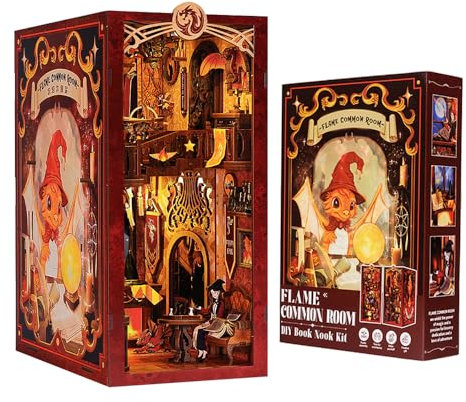 CUTEBEE DIY Book Nook Kit de Maison de Poupées Miniatures avec Meubles et Lumière LED,Puzzle 3D en Bois,Serre-Livres d'art,Kits de modèles pour Adultes à Construire(Flame Common Room)