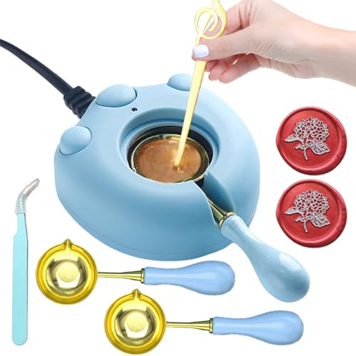 Electric Wax Seal Warmer, Wax Seal Kit with Wax Seal Melter, 2pcs Wax Seal Spoon, Tweezers, Stir Pin for Fast Melting Wax Seal Beads Sticks, Wax Melt Kit for Envelope Stamp Seals Craft, Blue