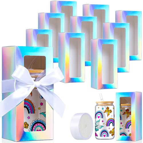 Honoson 24 Pcs Tumbler Gift Box with Ribbon for Sublimation Glass Exhibition Boxes Transparent for 12oz 16oz 20oz Drinking Cup Glasses Jars Mug Can Blanks(Laser Color)