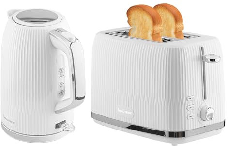 Innoteck Kitchen Pro 1.7L Electric Kettle & Toaster Set - White Ridged Textured & Stainless-Steel Body - Toaster with Defrost, Reheat & Cancel Functions - Hot Water Boiler with Auto Shut-Off Functions