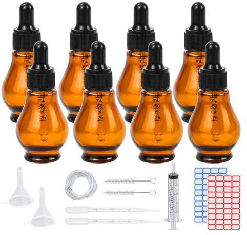 Reyshin 8 Pack Pear Shaped Amber Glass Bottles with Dropper Pipettes - Refillable Sample Bottles for Essential Oil, Massage Aromatherapy, Eye Drops (Amber 20ml)