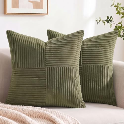 FDTERN 2er Set Olivgrün Kordsamt Kissenbezug 35x35CM Weich Moderne Dekorative Kissenbezüge Kissenhülle Dekokissenbezug Sofakissen Dekokissen Boho Deko für Sofa Schlafzimmer Wohnzimmer Balkon