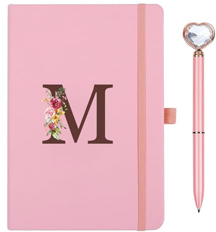 Personalisiertes A5 Notizbuch mit Initialen, PU Leder Journal mit Stift, Tagebuch für Erwachsene Schule Freundin Schwestern Mädchen Kinder Frauen Geburtstag Abschluss Geschenk Muttertagsgeschenk(M)