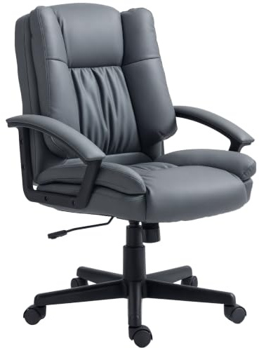 HOMCOM Desk Chair, PU Leather Office Chair, Adjustable Height, Dark Grey | Swivel Wheels, for Home Work Study