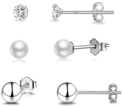 Ecripe 3 Paar 925 Sterling Silber Ohrstecker, Hypoallergene Cubic Zirkonia Ohrstecker Silber für Frauen, Funkelnde Ohrläppchen Knorpel Ohrstecker, Ohrringe für den Schlaf Ohrringe Damen (Perlen)