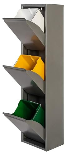 WELL HOME - Cubo de basura y reciclaje Metálico de 3 compartimentos, 3x17L (51L) Gris brillo
