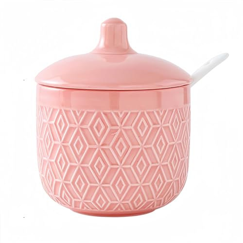 Dowbom Salt Pot, Solid Color Porcelain Sugar Pot, For Coffee Bar, Sugar Bowl With Lid And Spoon (Pink,10 OZ), DB-TG-013