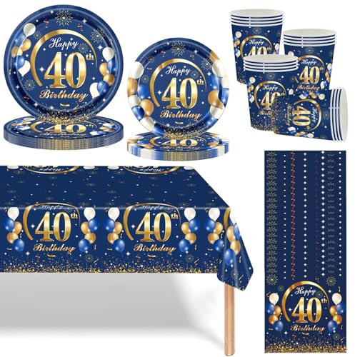 Juego de vajilla de cumpleaños azul marino y dorado, juego de vajilla desechable de feliz cumpleaños, platos de papel, vasos, servilletas, mantel y pancarta para él, regalos de cumpleaños, suministros
