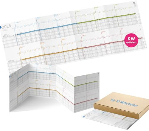 weekview Mitarbeiter Urlaubsplaner farbig 2025 faltbar, gefalzt Format 82,5x29,5 cm, großer Personalplaner für Urlaubs- und Projektplanung, Dienstkalender - 12 Monate, Urlaubskalender (2025, 5 Stück)