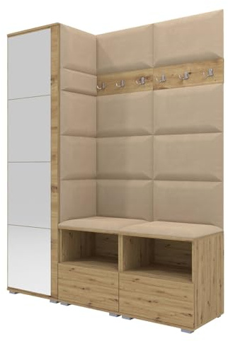 RAVIO Flurgarderobe 150 cm Ink. Schuhschrank mit Sitzbank & Garderobe mit Spiegel, Garderobe Set mit Garderobenpaneel, Wandpolster & Push to Open Türen - Artisan Eiche/Wandpaneel Beige