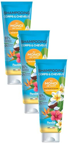 ParaSol - Shampooing corps et cheveux au Monoï de Tahiti - 97% d'origine naturelle - 0% Sulfate, Silicone, Paraben - Fabriqué en France (Lot de 3)
