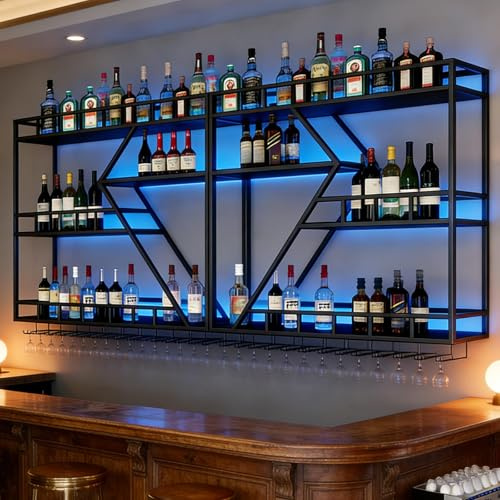 Porte Bouteille Grand Support à vin en métal, unité de Bar Flottante en Forme de Losange Tendance Moderne, étagères de Rangement pour vin pour décoration de Maison (Noir, 3 Niveaux -160cm)