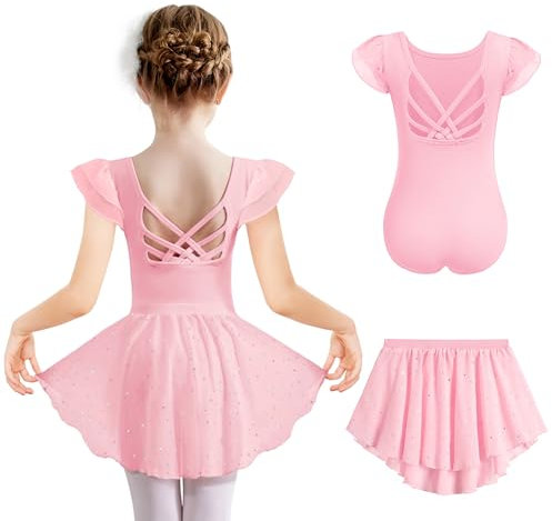 Arshiner Mädchen Kurzarm Ballettkleidung Rosa Tanzkleider Baumwolle Ballettkleider Einfarbig Balletttrikot Kinder Tanzkleid Kleinkind Ballettbody mit Pailletten Ballettrock 140/6-7 Jahre