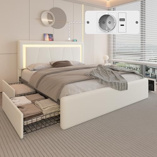 Polsterbett 160x200 mit 4 Schubladen, Ladestation und LED-Beleuchtung, Weiß | Modern Bettgestell 160 x 200 cm mit Verstellbarem Kopfteil, Metallbett Doppelbett mit lattenrost,PU, Einfache Montage