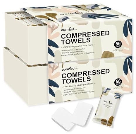Ourmed Life Compressed Towel, Disposable Washcloths, 12 x 10 In, 112 Count | Travel Essential, Individually Wrapped, Biodegradable, Expand with Water, Lint-Free, Dry & Wet Use,Camping and Hiking