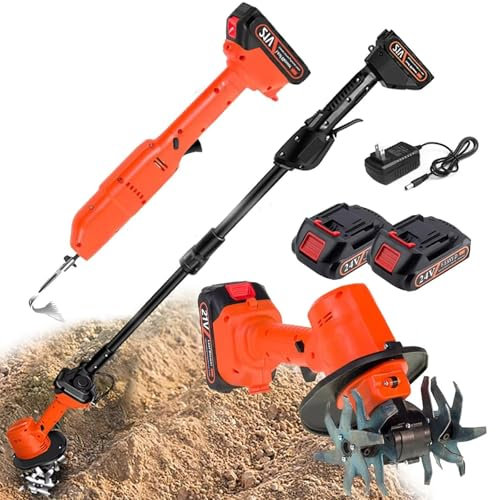 Cordless Tiller Cultivator, Electric Garden Tiller and Digging Hoe with Batteries and Telescopic Pole, Hand-held Lawn Yard Garden Tiller for Gardening, Soil Cultivation, Ground Breaking, Tending