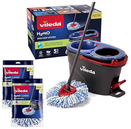Vileda H2PrO Spin Mop and Bucket Set With 2 Additional Mop Head Refills, 100% Separation of Clean and Dirty Water with Two Tank System, Effortless Wringing, Machine Washable Microfibre Pad